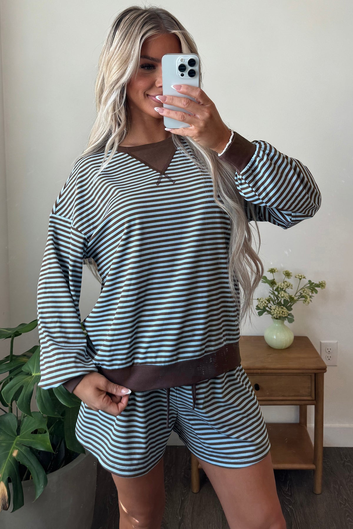 Brown Stripe Oversized Long-Sleeve Top and Drawstring Shorts Set