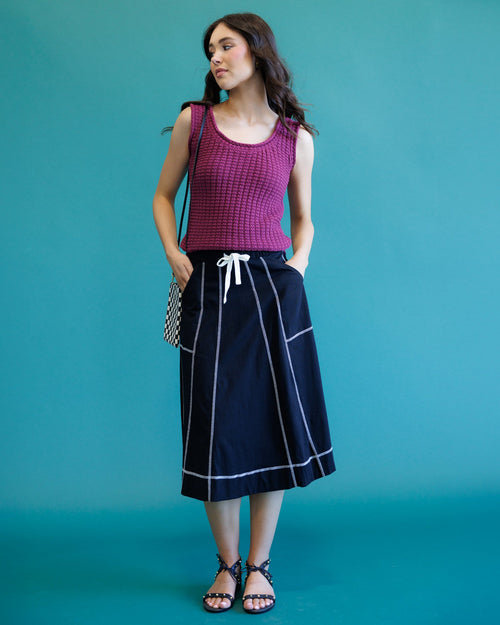 Black Contrast-Stitch A-Line Midi Skirt with Pockets