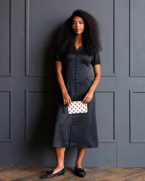 Black Satin-Finish Lace-Trim Midi Dress