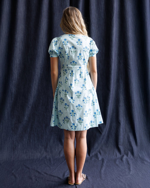 Bluebell Floral Puff-Sleeve A-Line Dress with Pockets