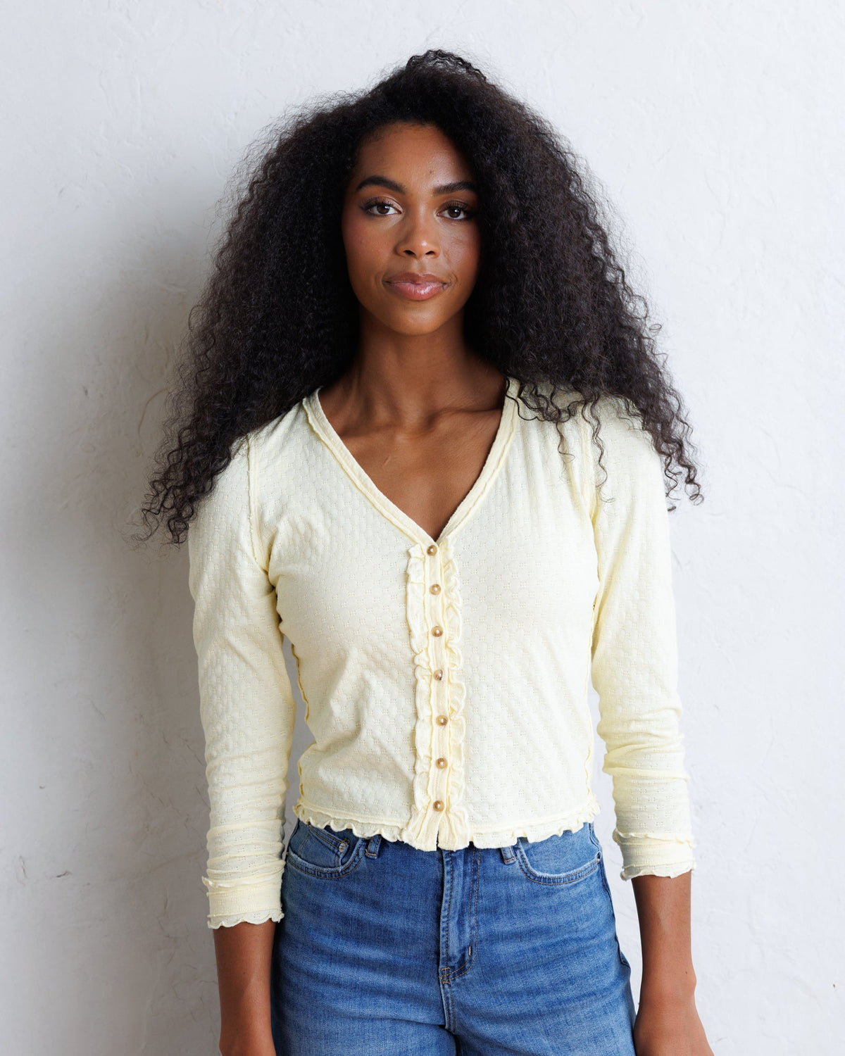 Ruffle-Trim Button-Front Cardigan
