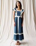 Blue & White Square Neck Tiered Maxi Dress