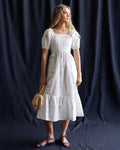 Rose Cross Stitch Print Lace-Trim Midi Dress with Pockets