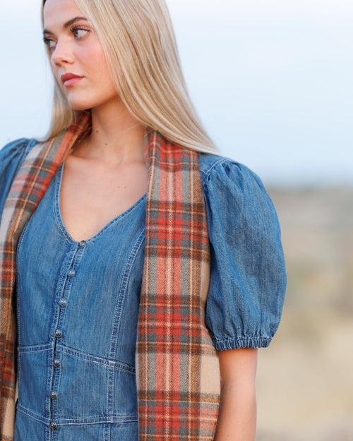 Blue & Terracotta Plaid Scarf with Tassel Trim