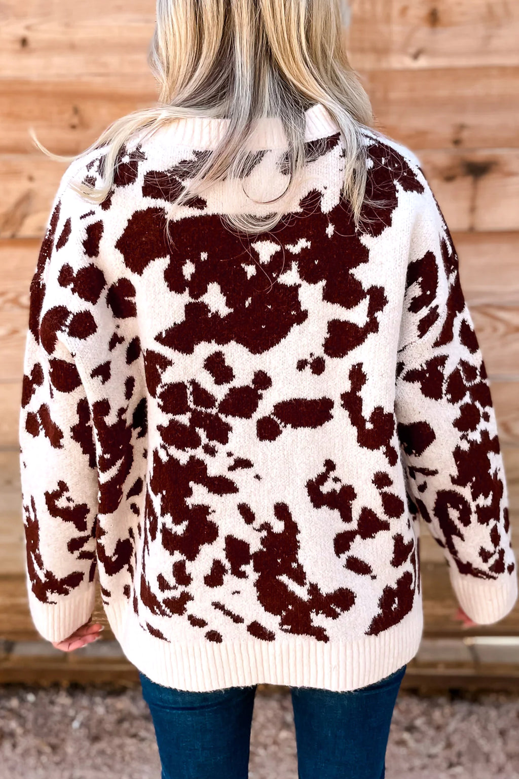 Brown Cow Print Western Knit Sweater