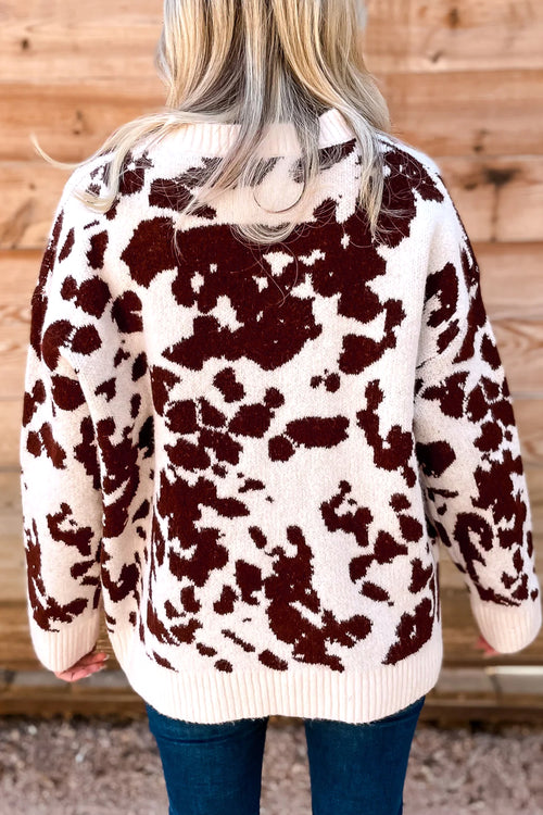 Brown Cow-Print Crewneck Knit Sweater