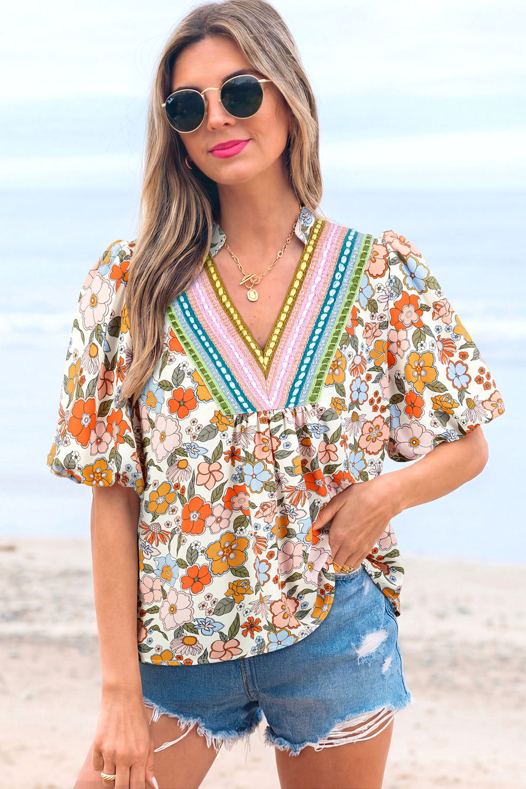 Multicolour Crochet V Neckline Puff Sleeve Boho Flower Blouse