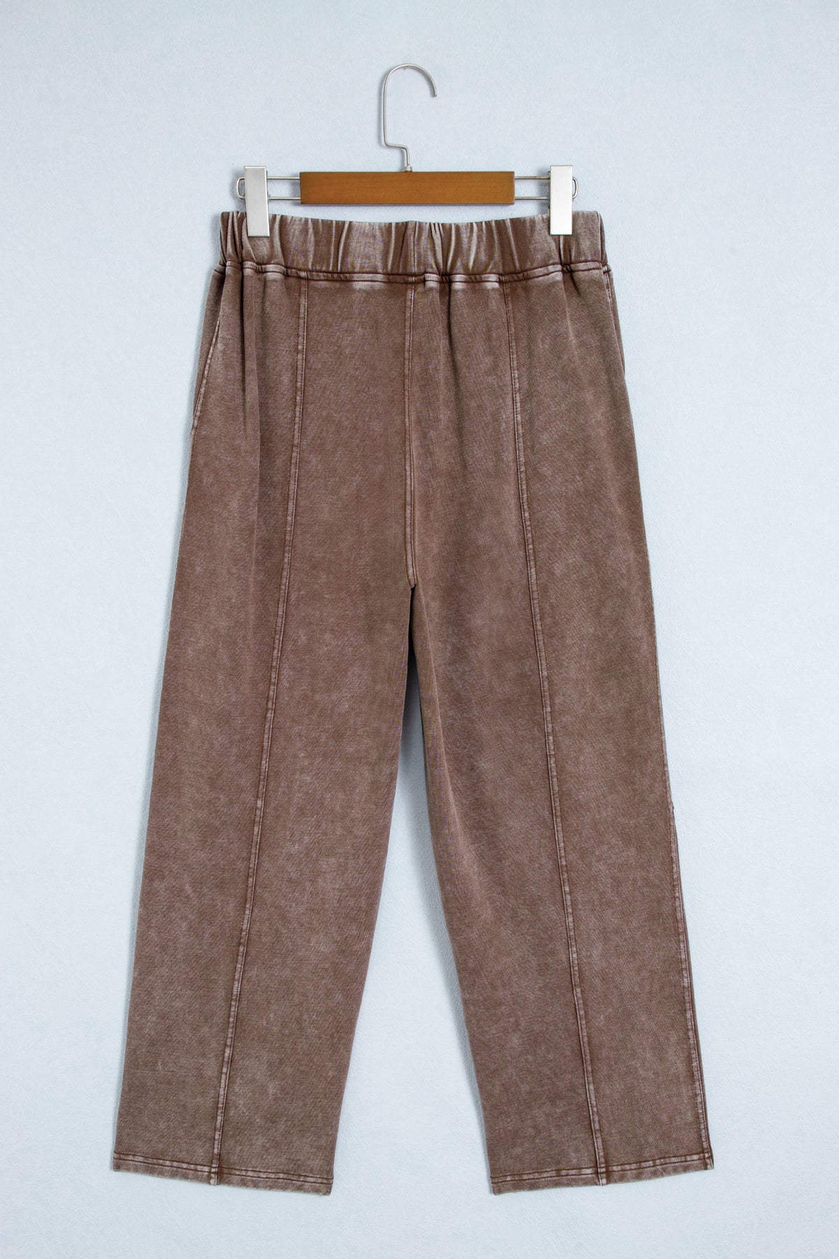 Coffee Mineral-Wash Cotton Barrel Pants with Pockets