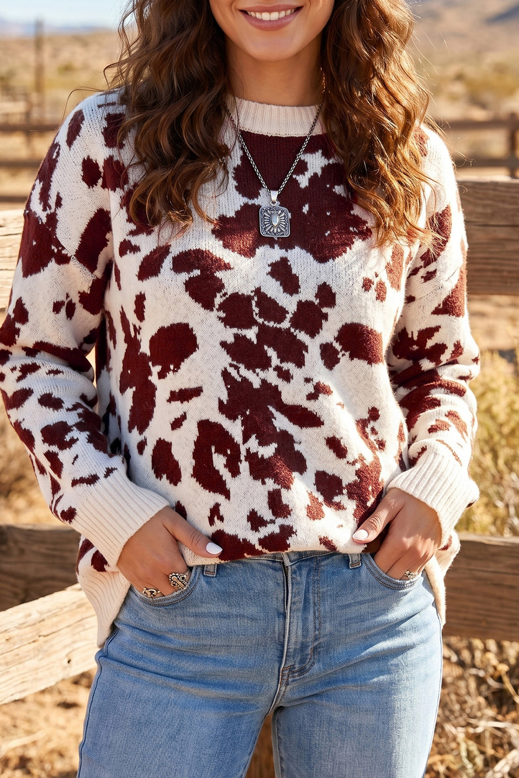 Brown Cow Print Western Knit Sweater