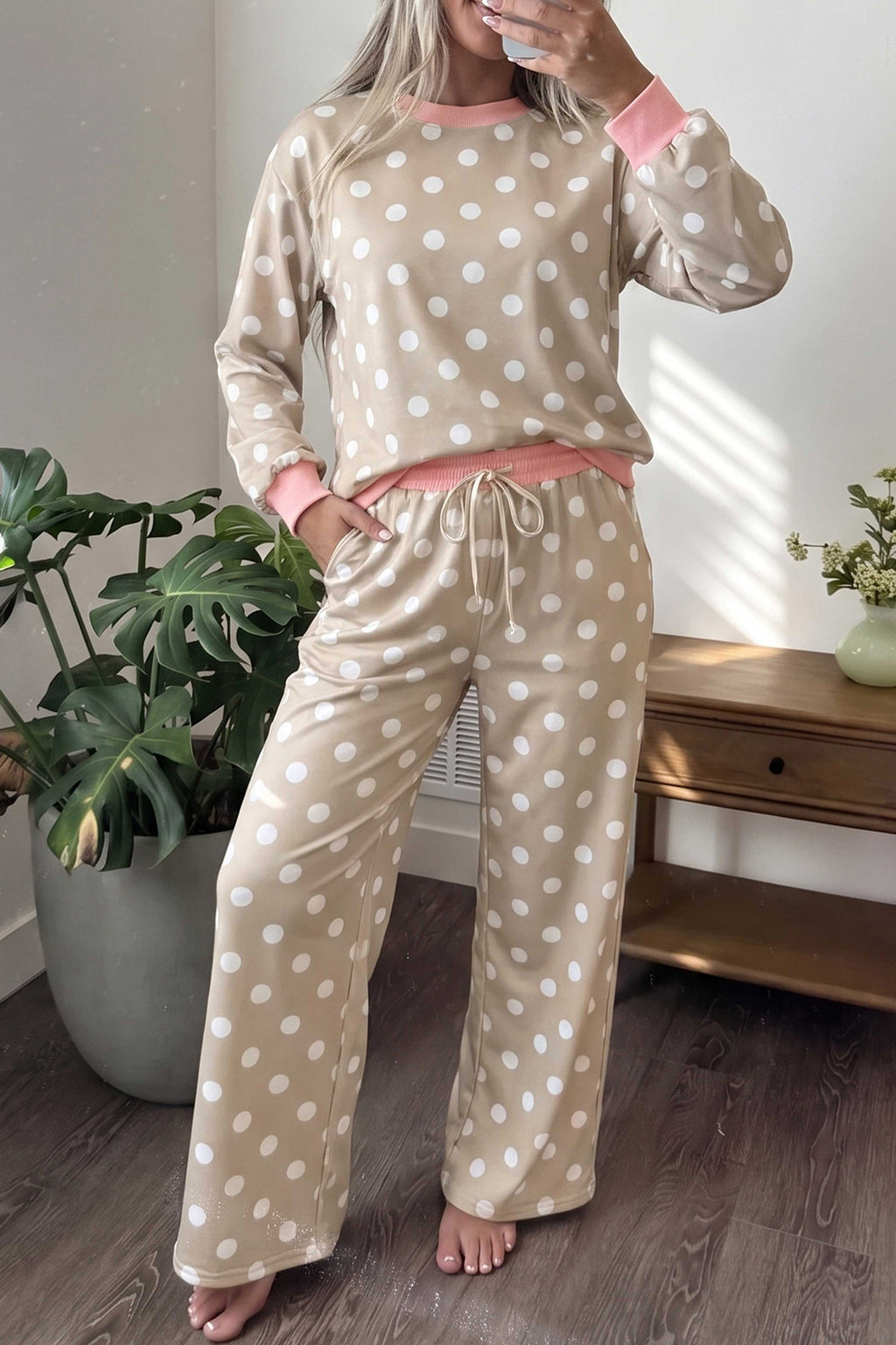 Khaki Polka-Dot Contrast-Trim Top and Drawstring Pants Set