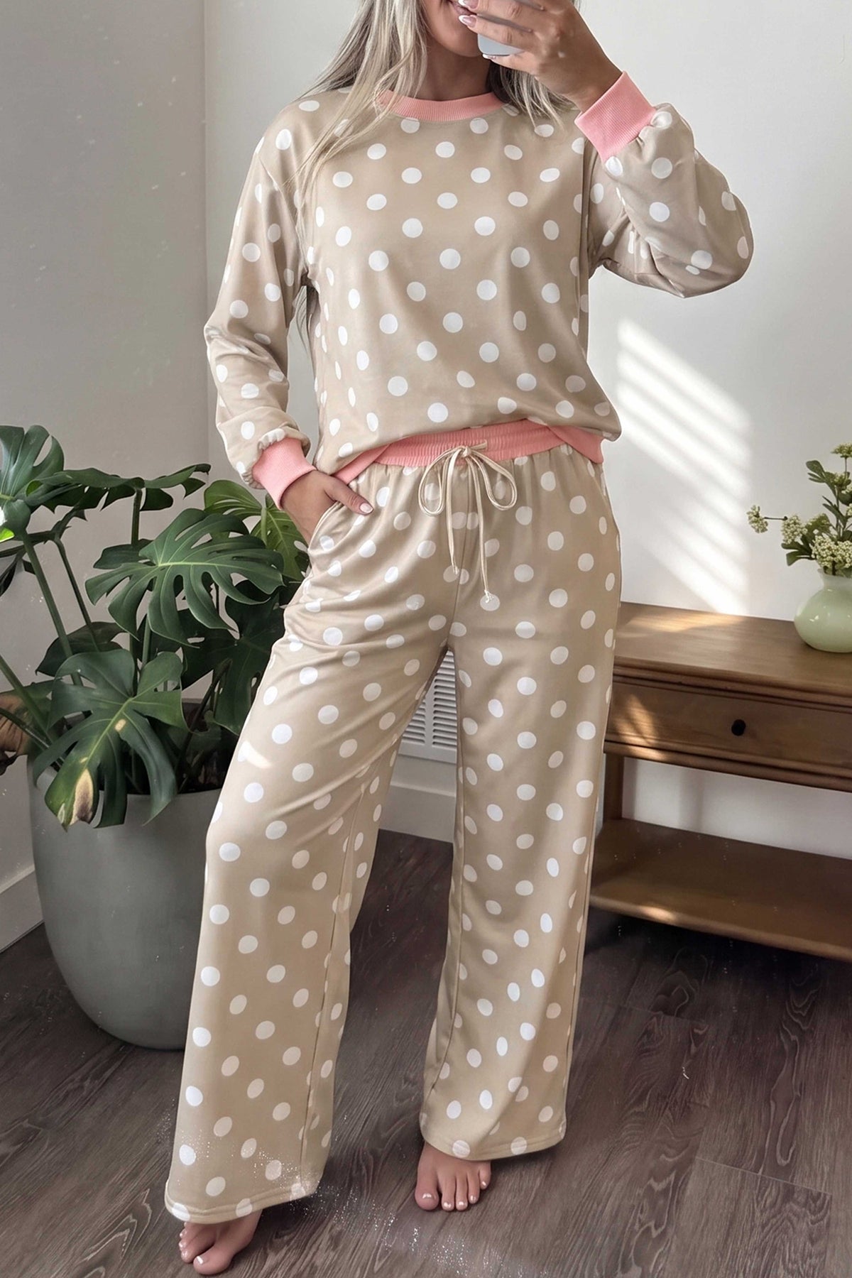 Khaki Polka-Dot Contrast-Trim Top and Drawstring Pants Set