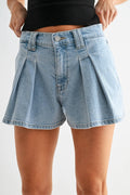 Pleated Bubble Denim Short — Light Wash