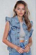 Victorian Charm Ruffle-Trim Denim Vest Jacket
