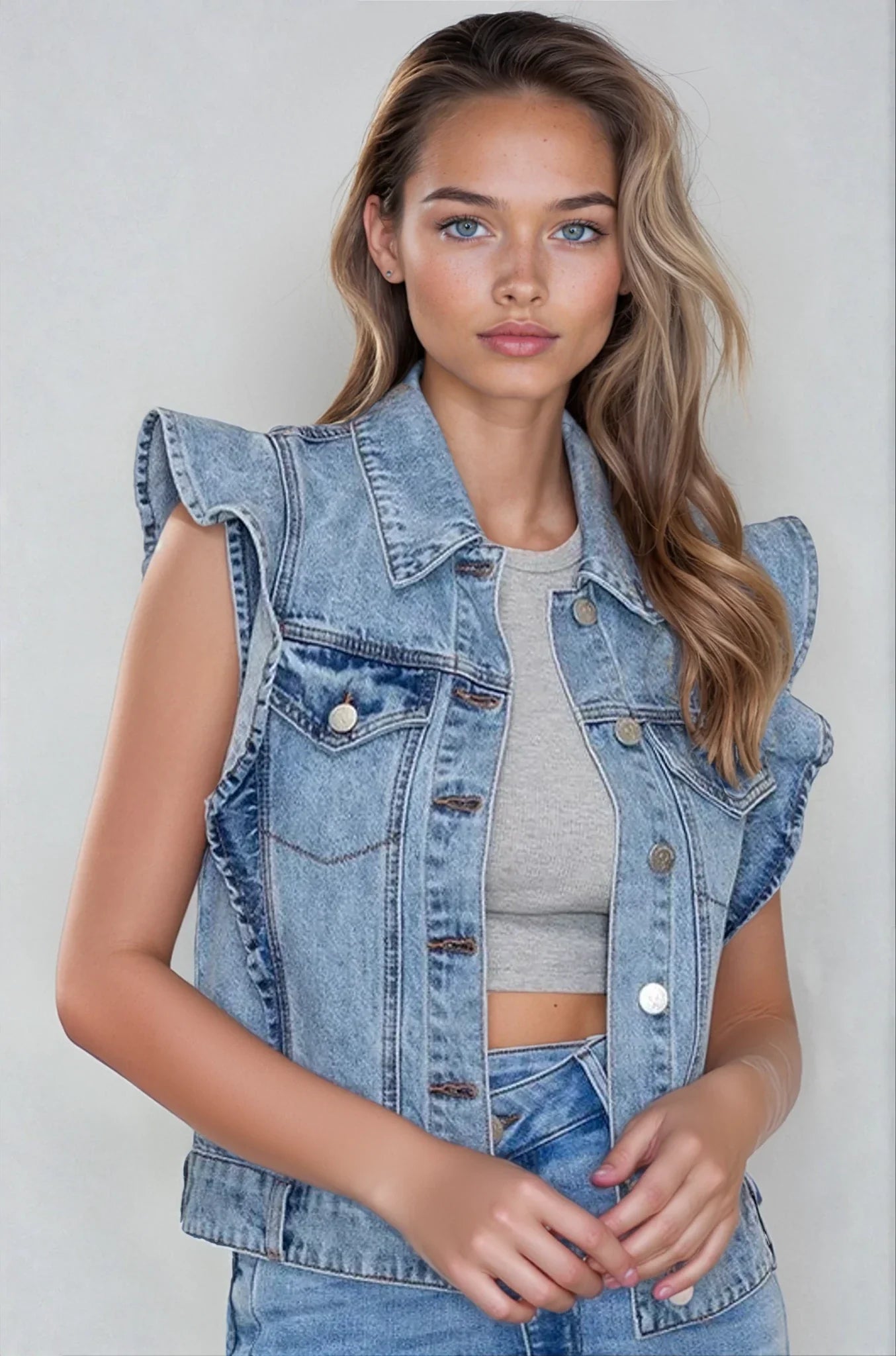 Victorian Charm Ruffle-Trim Denim Vest Jacket