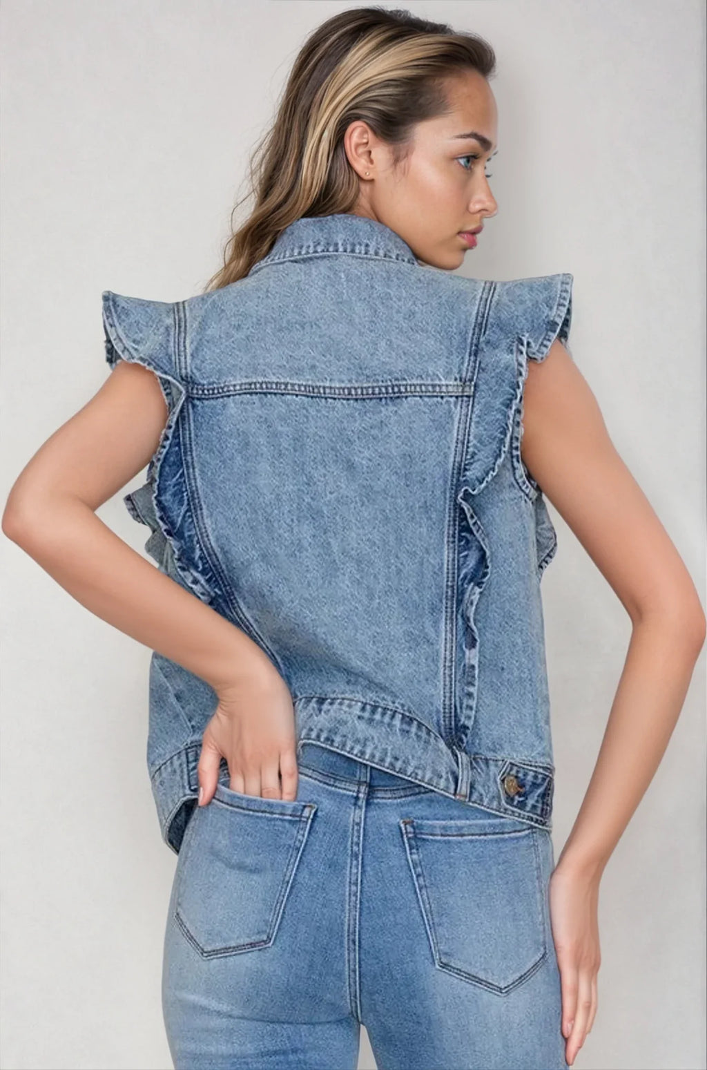 Victorian Charm Ruffle-Trim Denim Vest Jacket