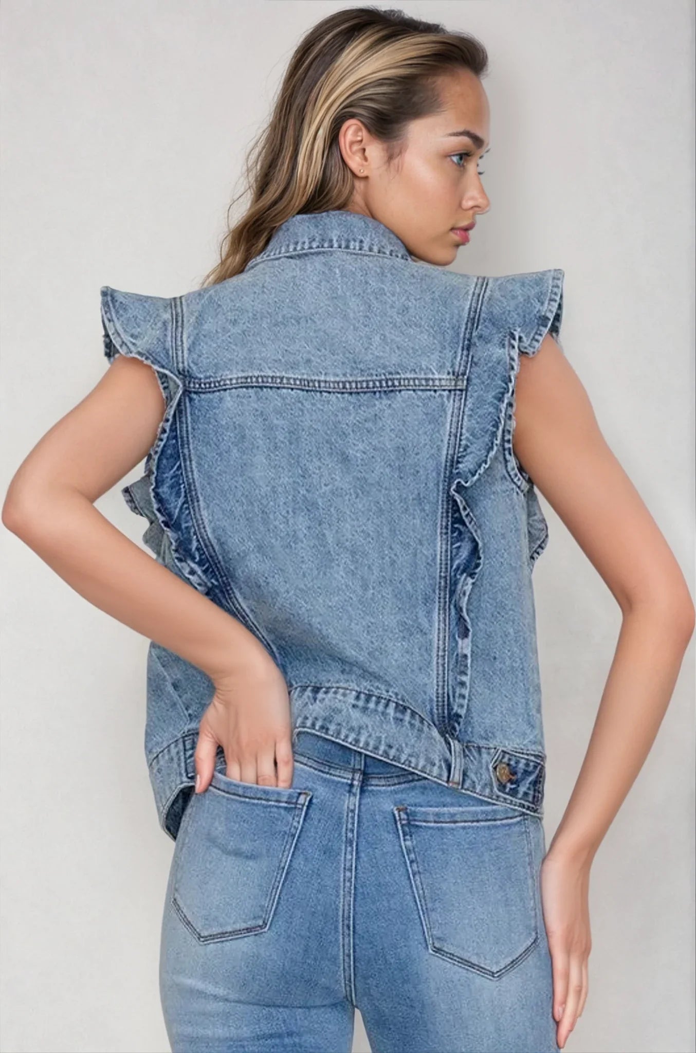 Victorian Charm Ruffle-Trim Denim Vest Jacket