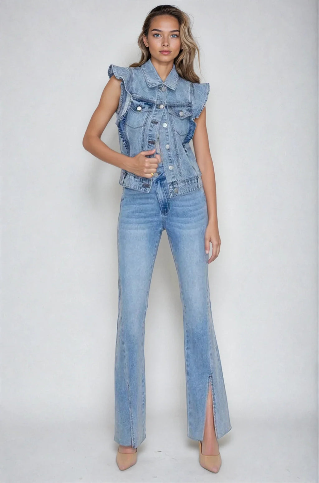 Victorian Charm Ruffle-Trim Denim Vest Jacket