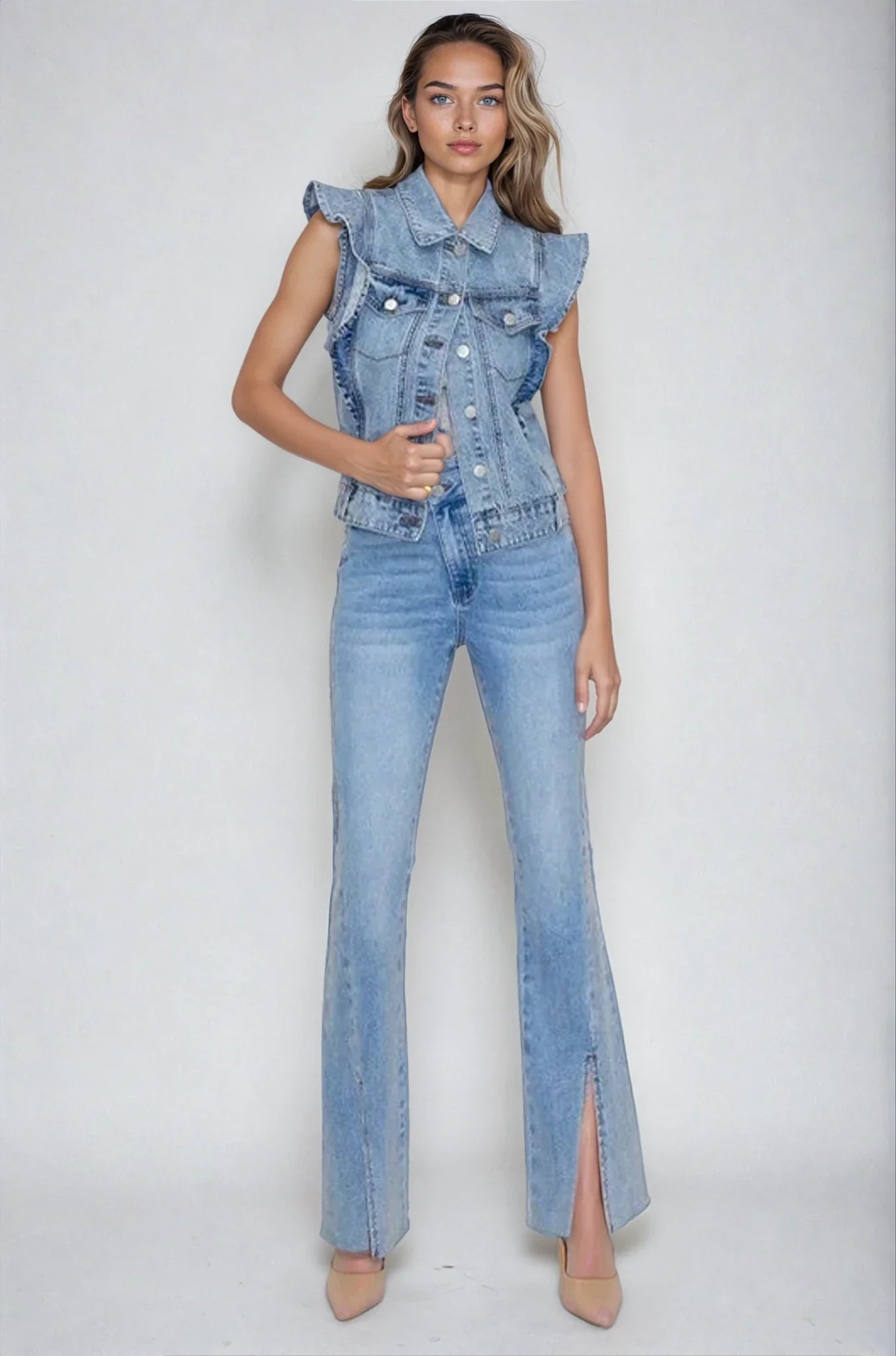 Victorian Charm Ruffle-Trim Denim Vest Jacket