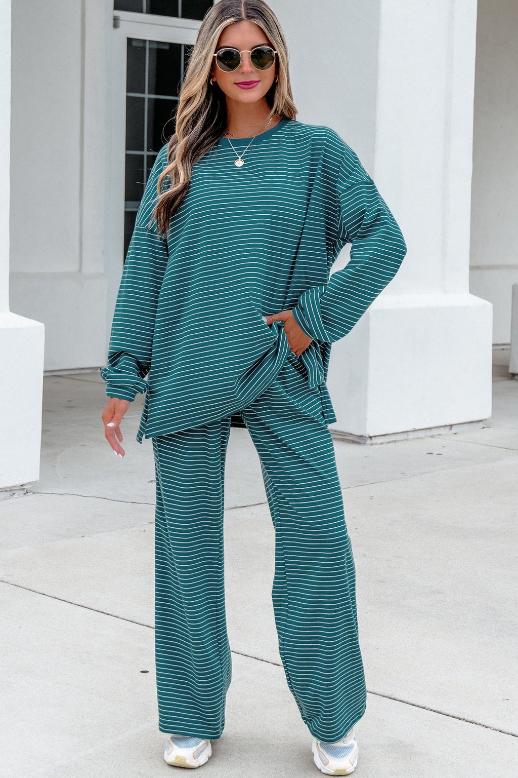 Green Stripe Dropped Shoulder Long Sleeve Top Elastic Waist Pants Casual 2pcs Set