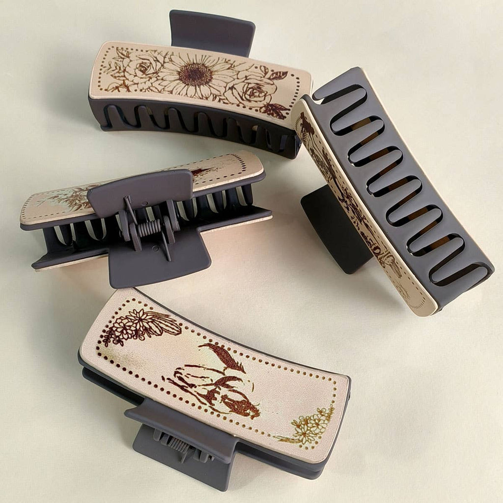 Cactus Print Faux Leather Hair Claw Clip — Western Style