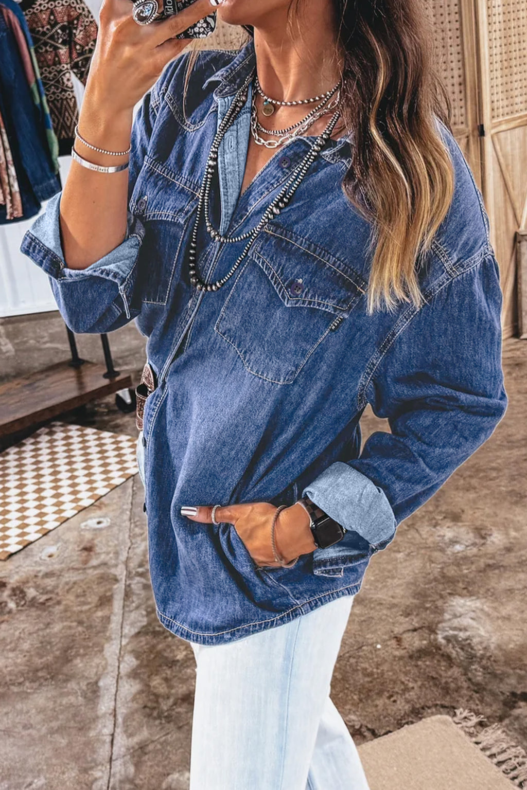 Sail Blue Western Pocket Denim Tunic Shirt