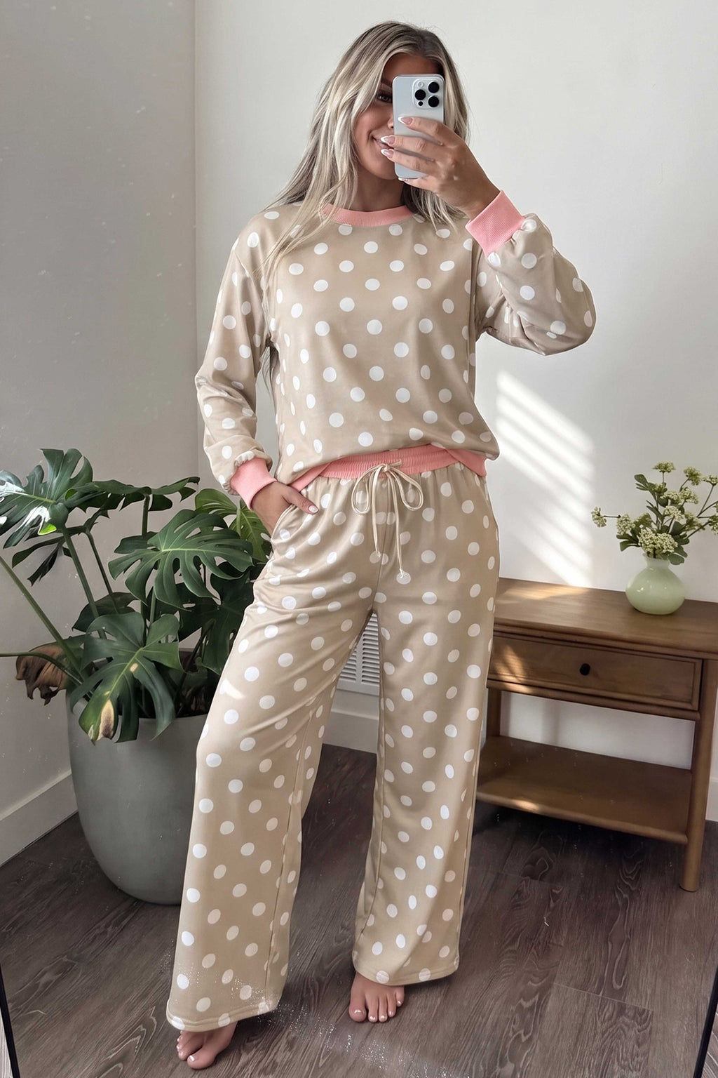 Khaki Polka-Dot Contrast-Trim Top and Drawstring Pants Set
