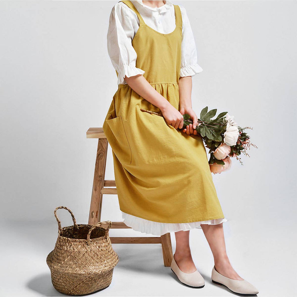 Solid Color Cotton Linen Apron with Pockets