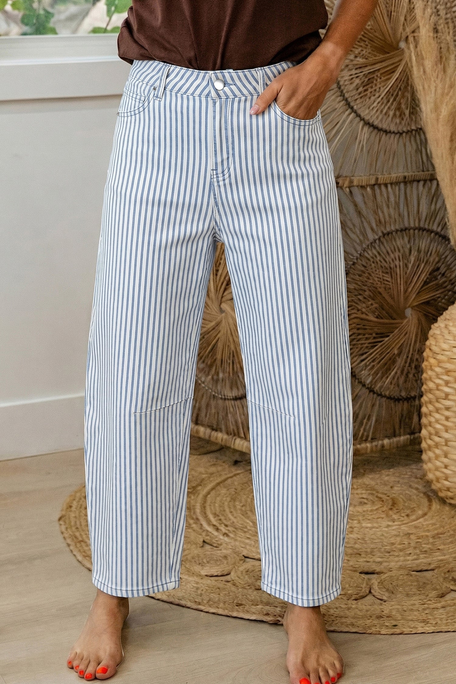 Khaki Stripe Casual Barrel Jeans