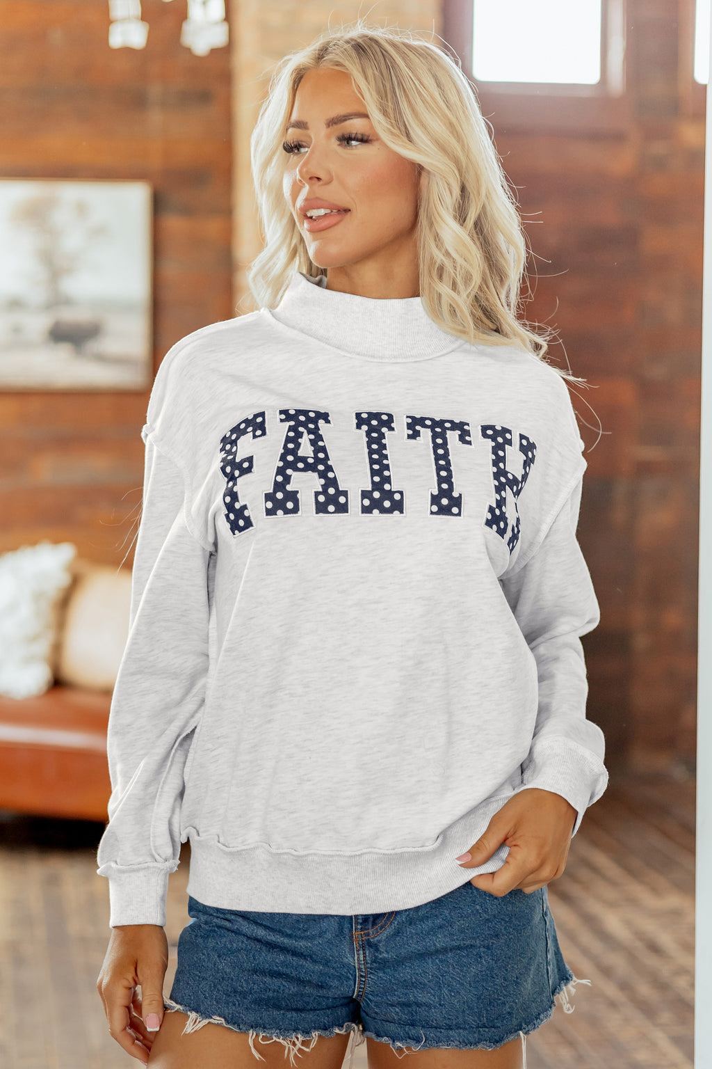 Light Grey FAITH Polka-Dot High-Neck Sweatshirt