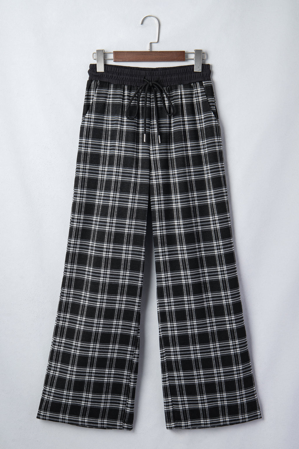 Black Frenchy Plaid Pattern Contrast Drawstring Waist Wide Leg Pants