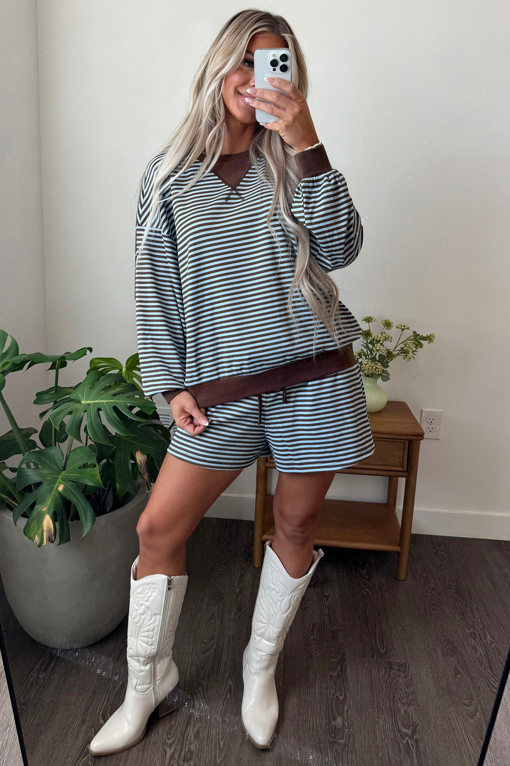 Brown Stripe Oversized Long-Sleeve Top and Drawstring Shorts Set