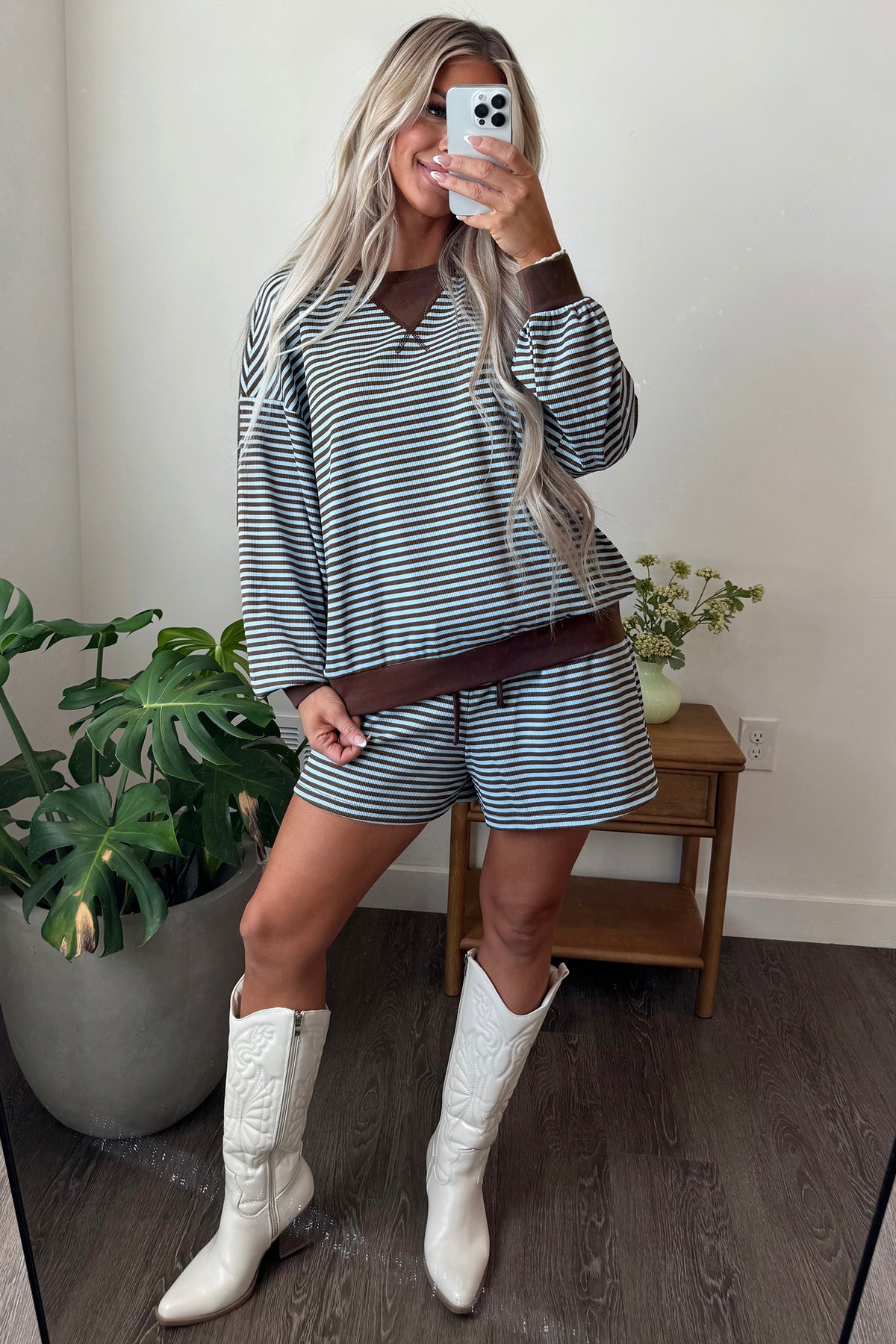Brown Stripe Oversized Long-Sleeve Top and Drawstring Shorts Set