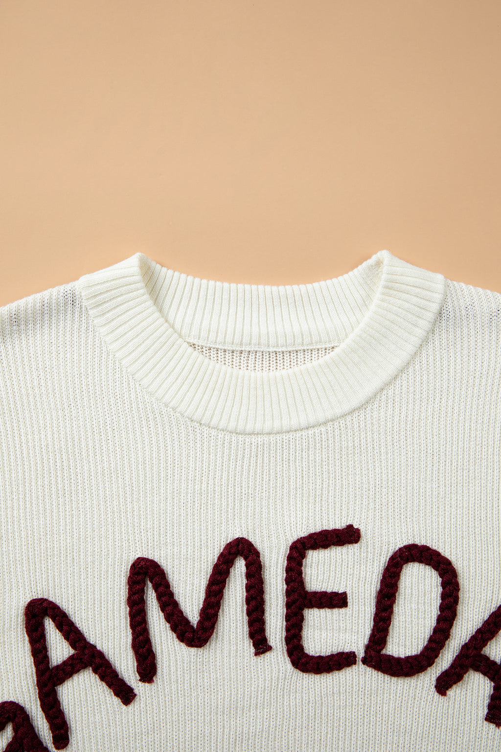 Beige Game Day Embroidered Drop-Shoulder Sweater