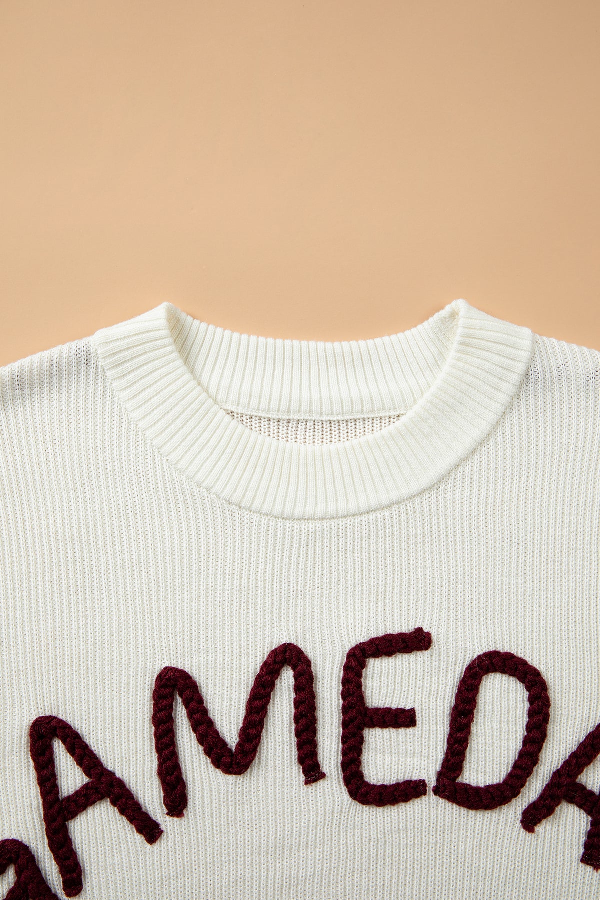 Beige Game Day Embroidered Drop-Shoulder Sweater