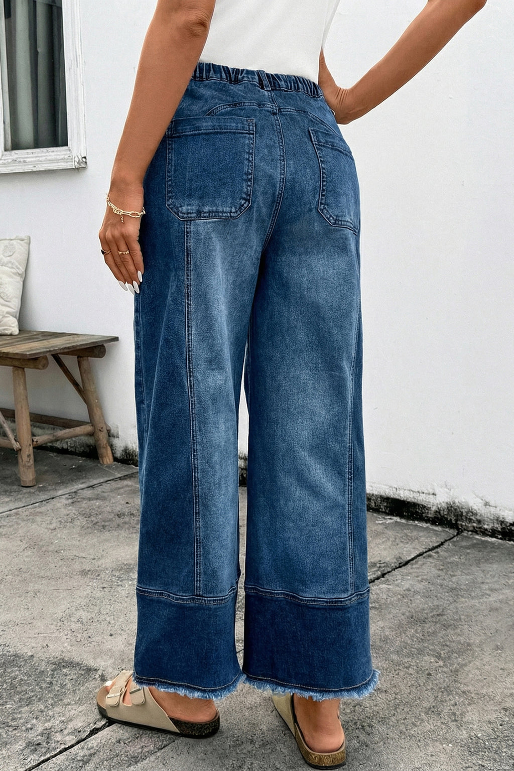 High-Waisted Drawstring Raw-Hem Wide-Leg Jeans
