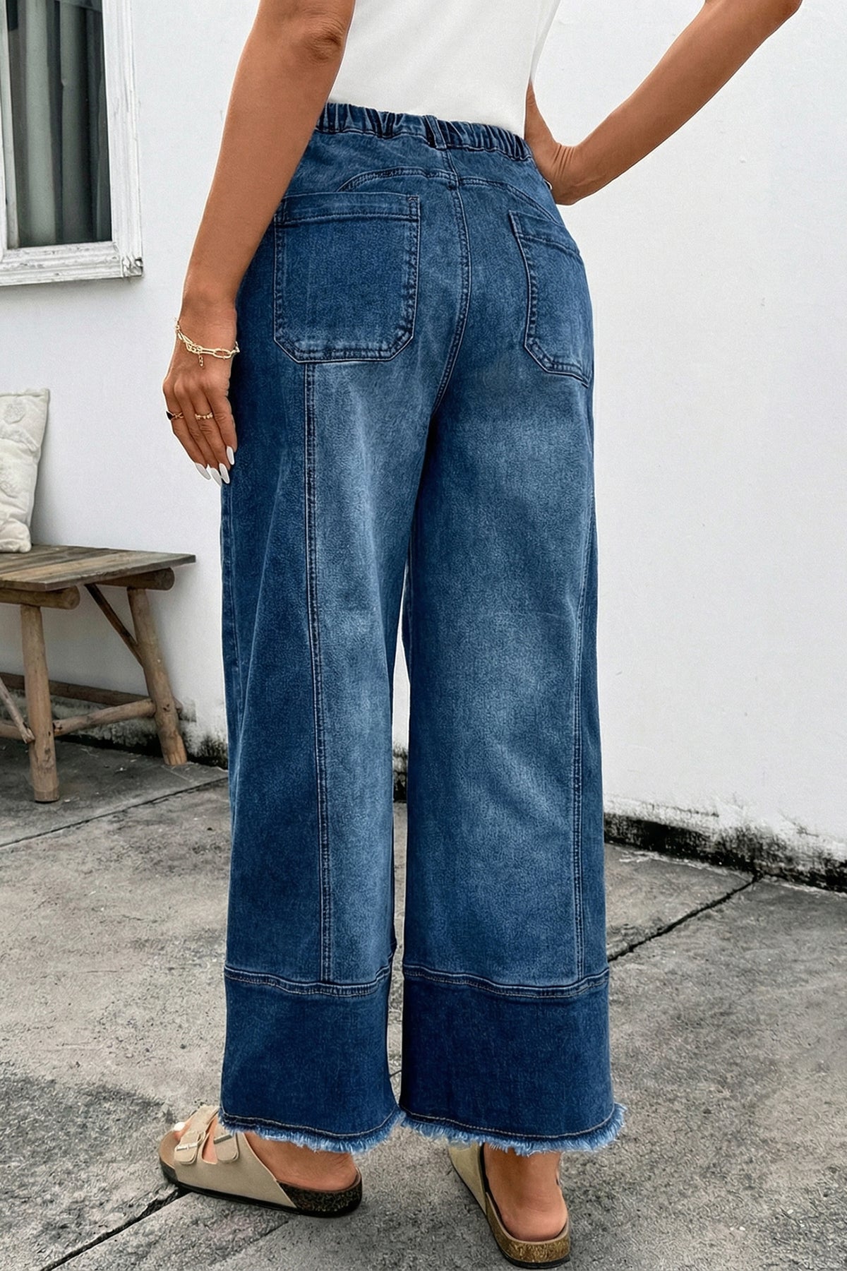 High-Waisted Drawstring Raw-Hem Wide-Leg Jeans