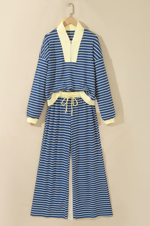 Blue Stripe Zip-Neck Pullover and Wide-Leg Pants Set