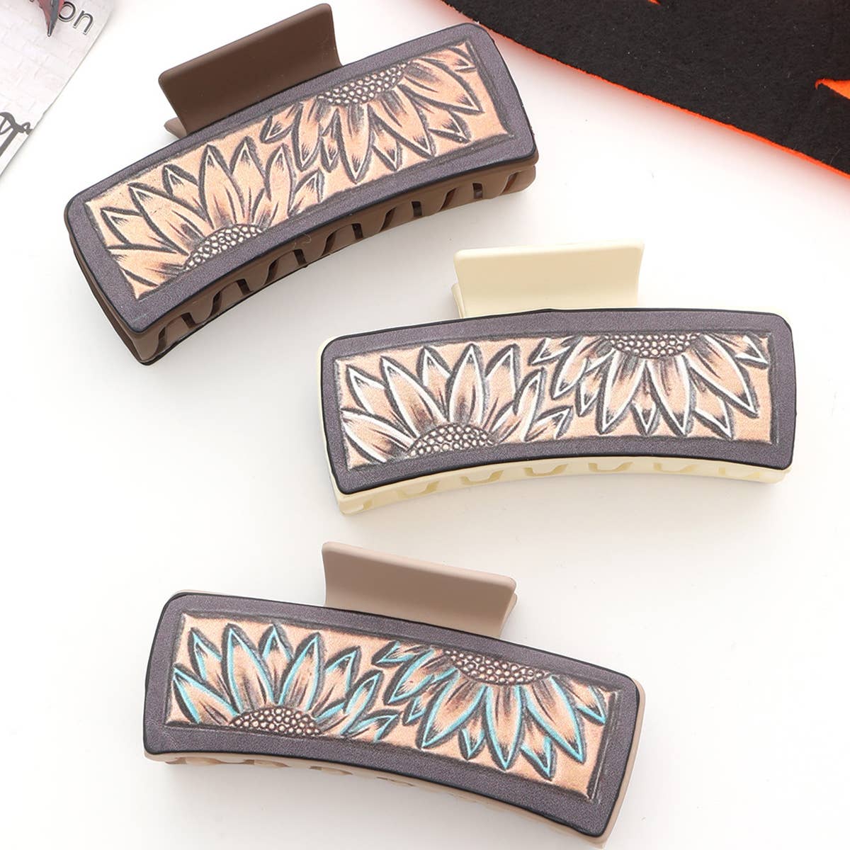 Western Sunflower Faux Leather Hair Claw Clip
