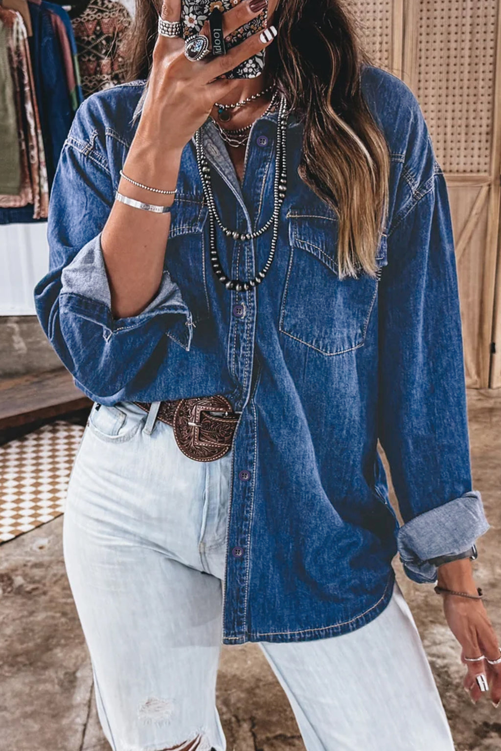 Sail Blue Western Pocket Denim Tunic Shirt