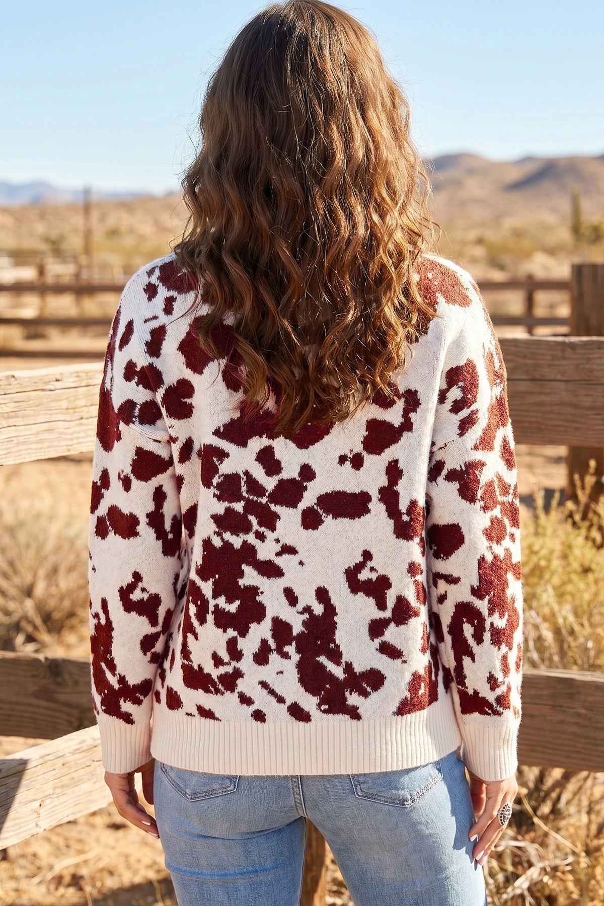 Brown Cow Print Western Knit Sweater