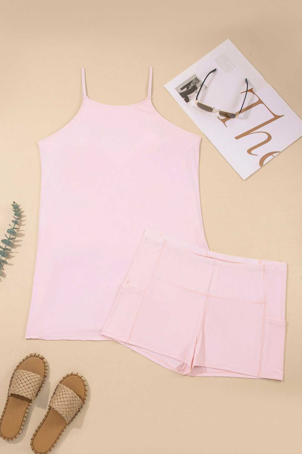 Pink Plus Size Built-in Shorts Sleeveless Dress With Short Two Piece Set