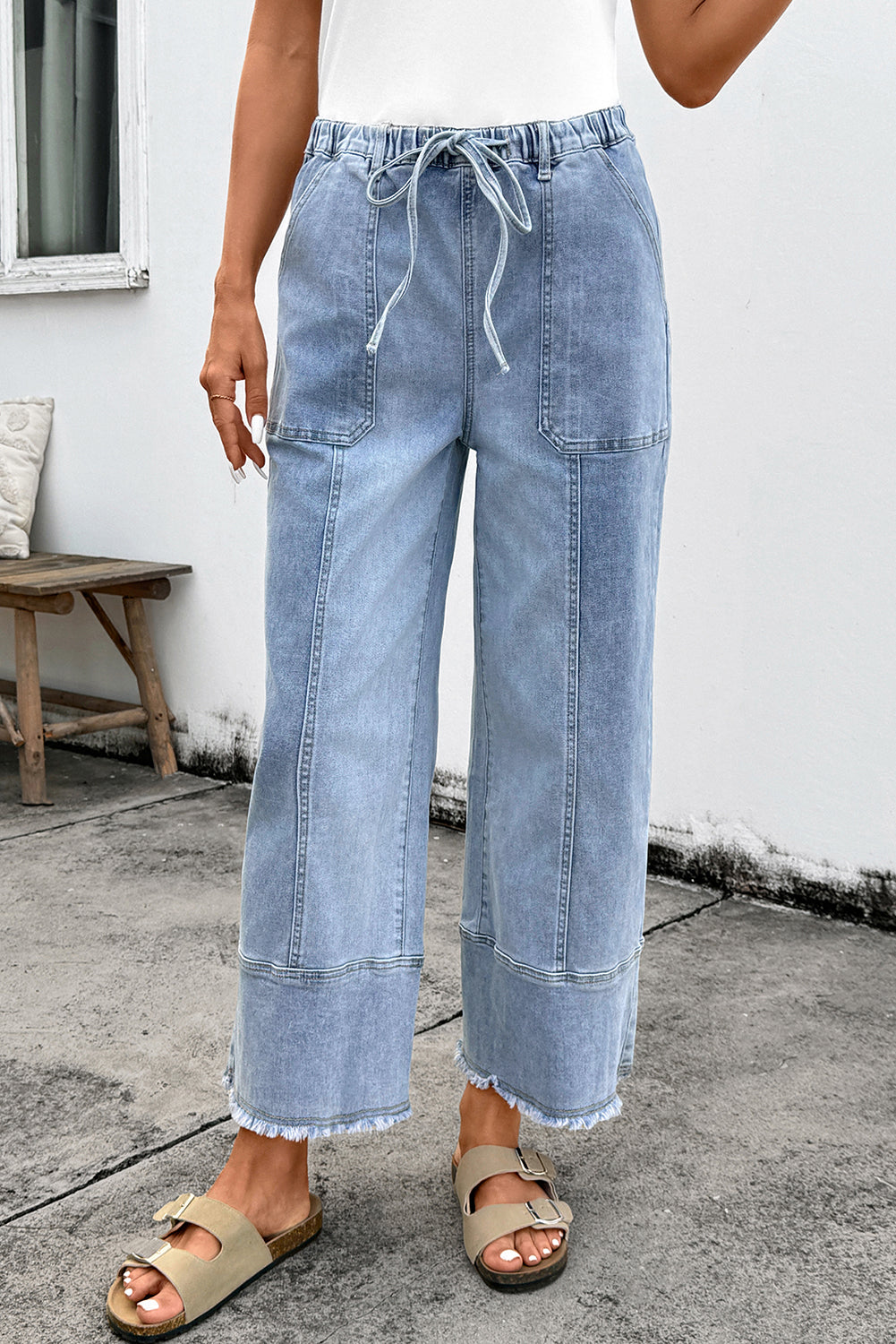 High-Waisted Drawstring Raw-Hem Wide-Leg Jeans