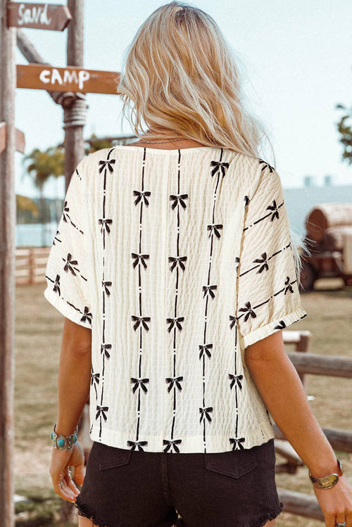 Bow Print Puff Sleeve Top