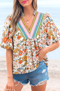 Multicolour Crochet V Neckline Puff Sleeve Boho Flower Blouse