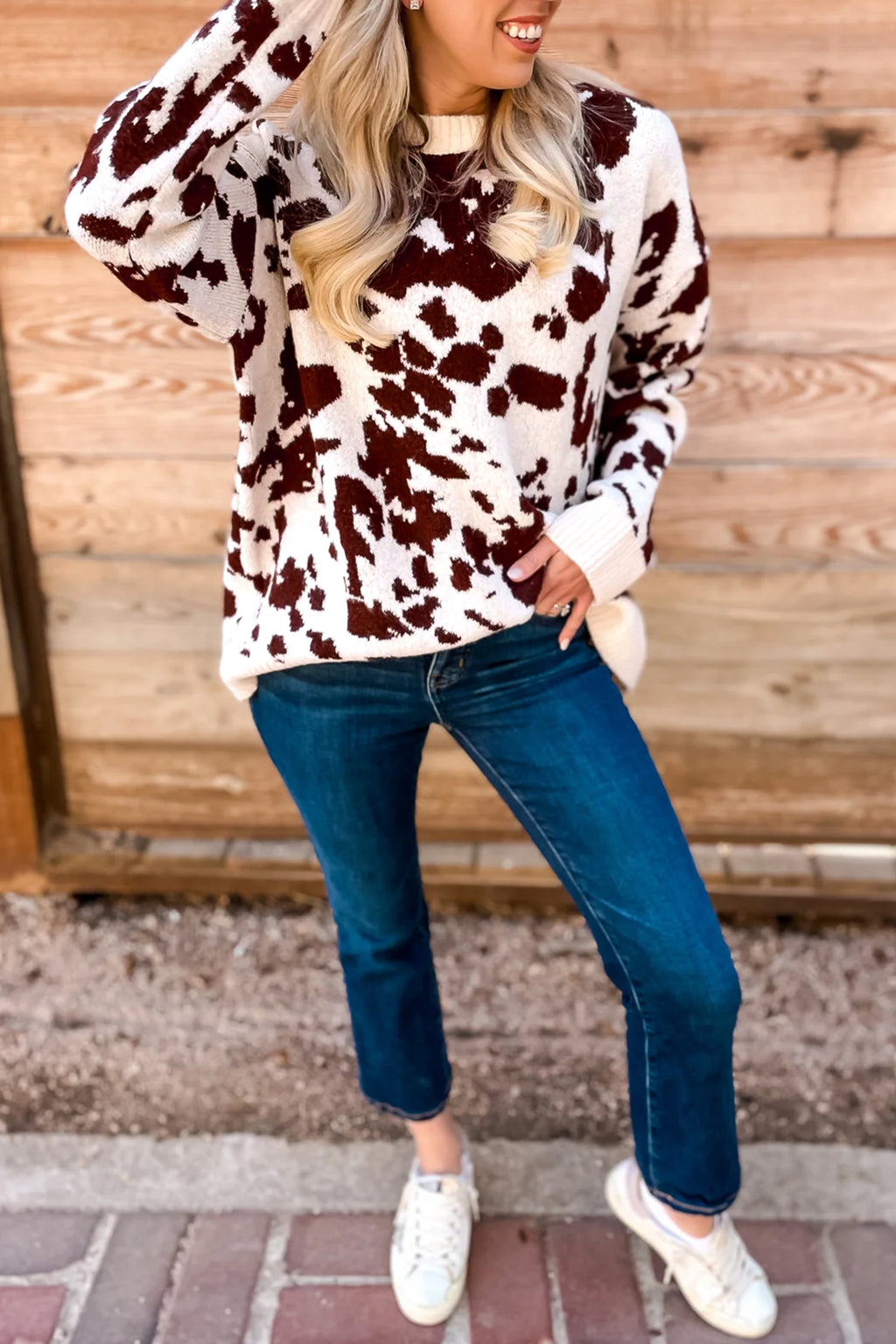 Brown Cow Print Western Knit Sweater