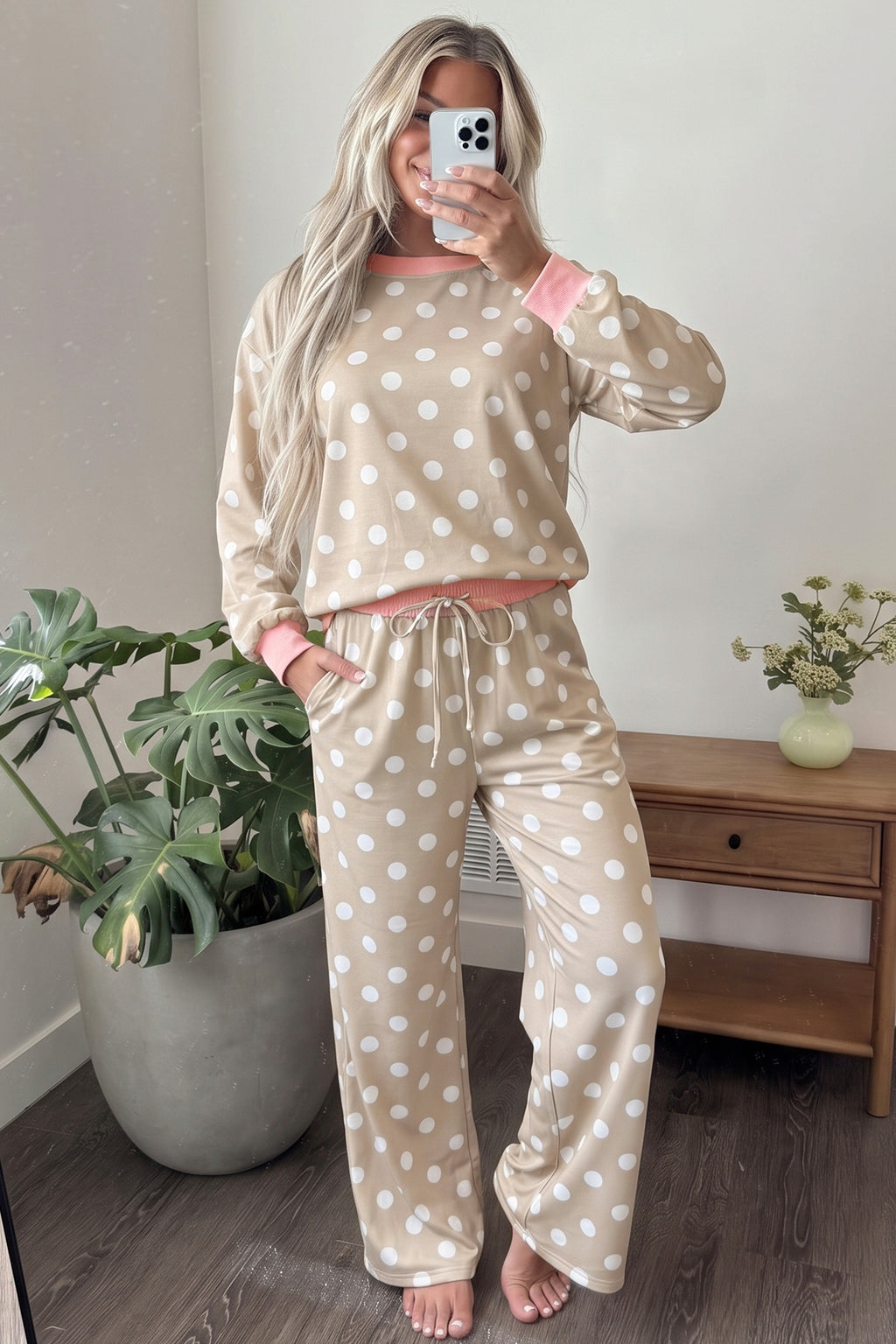 Khaki Polka-Dot Contrast-Trim Top and Drawstring Pants Set