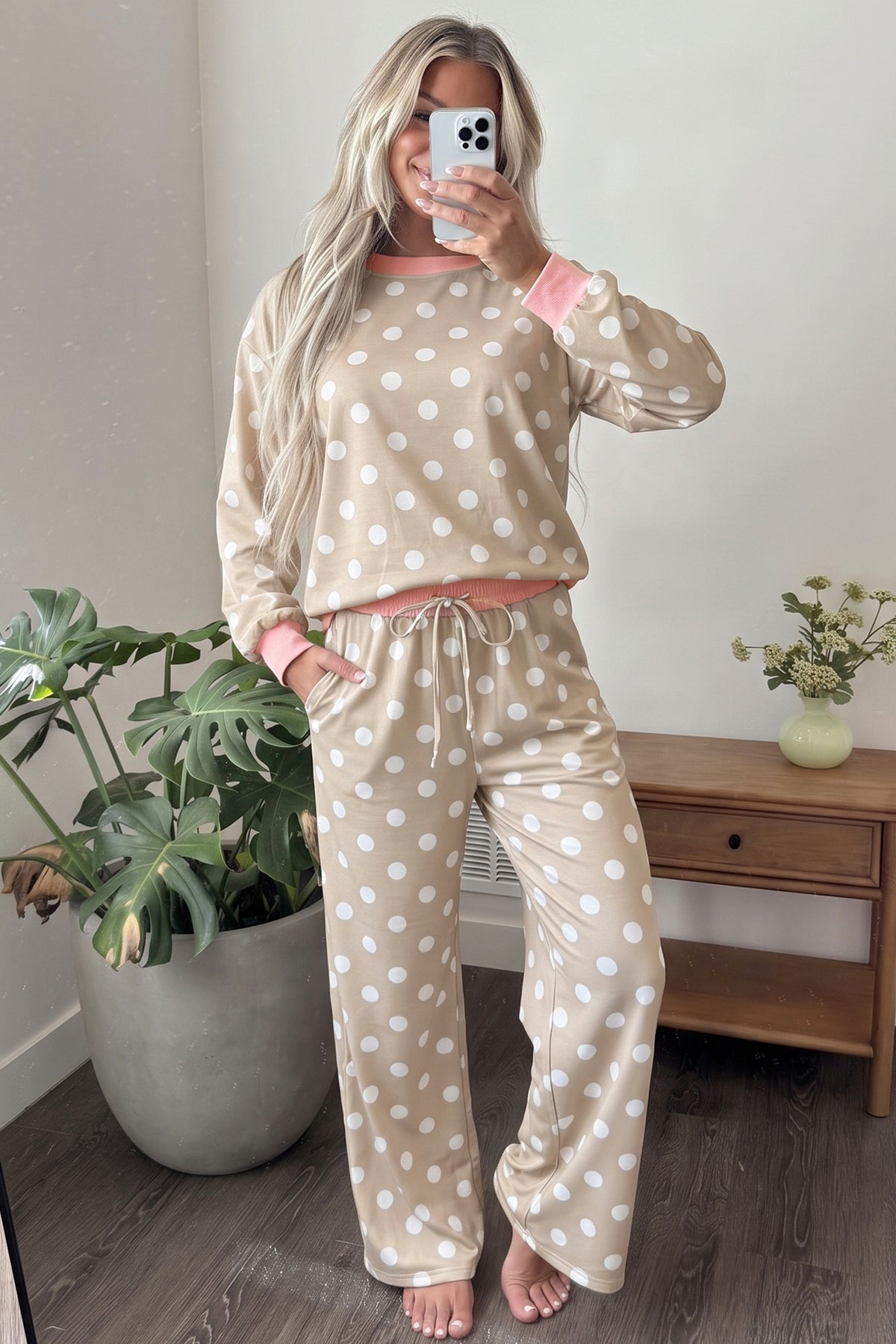 Khaki Polka-Dot Contrast-Trim Top and Drawstring Pants Set