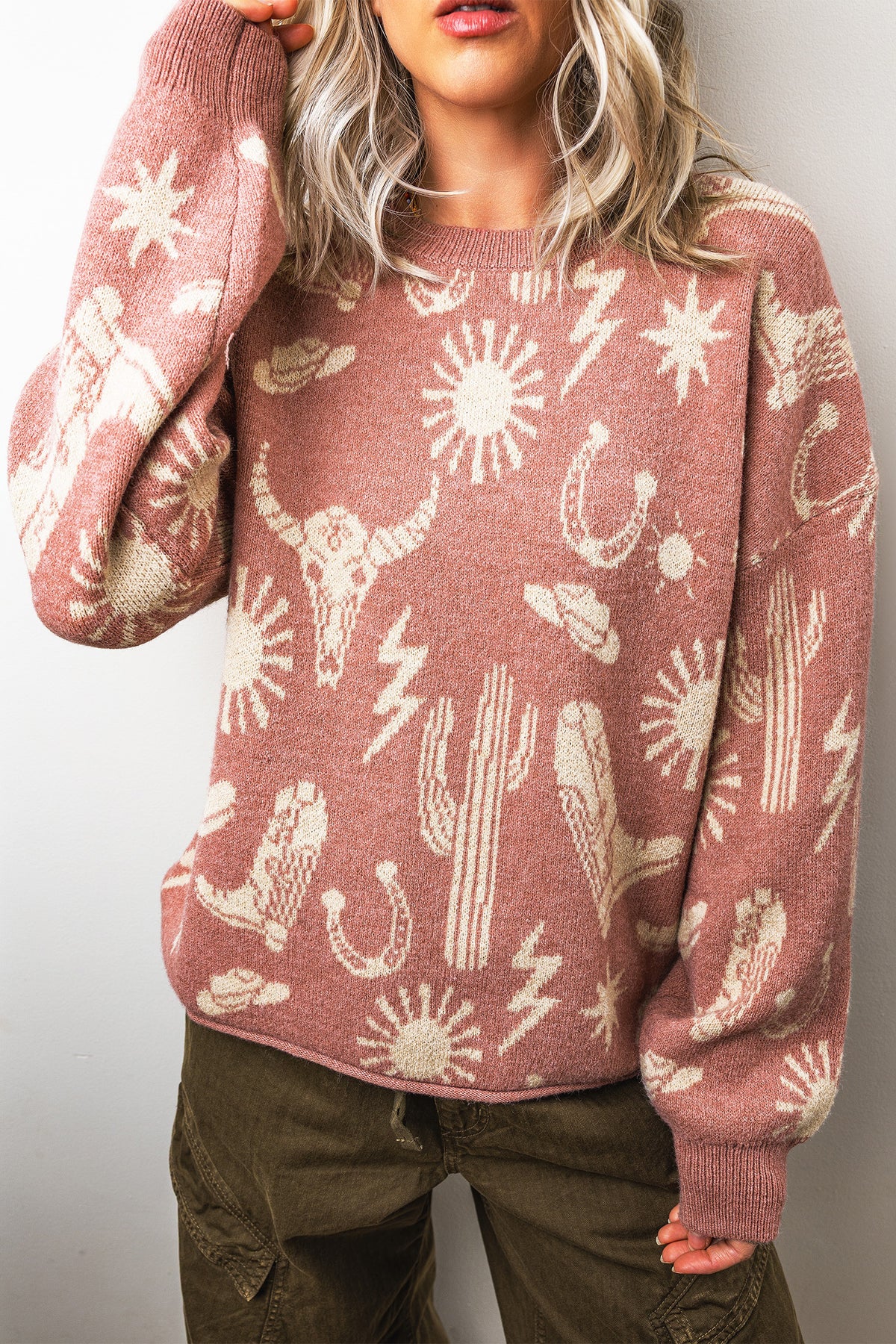 Peach Blossom Western Skull & Cactus Sweater