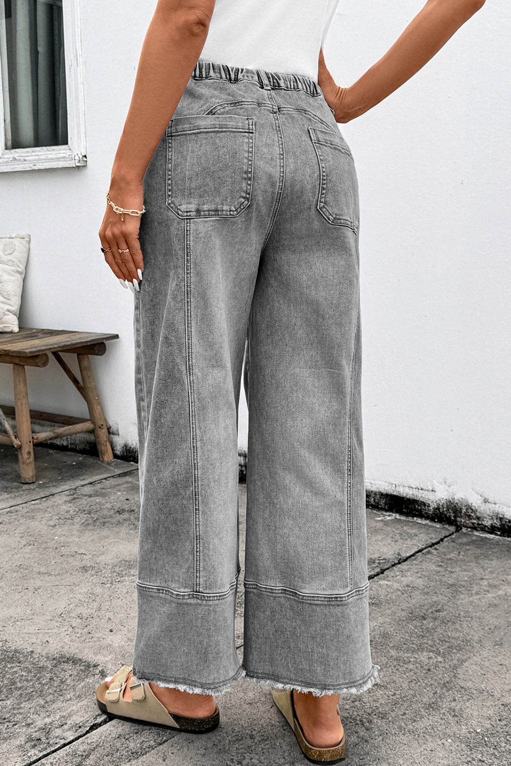 High-Waisted Drawstring Raw-Hem Wide-Leg Jeans