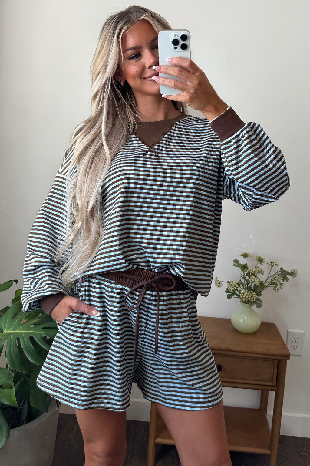 Brown Stripe Oversized Long-Sleeve Top and Drawstring Shorts Set